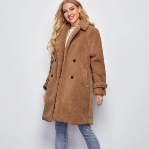 Double Breasted Teddy Coat, Notched Collar, Button Cuff, 2 pockets, Ov…